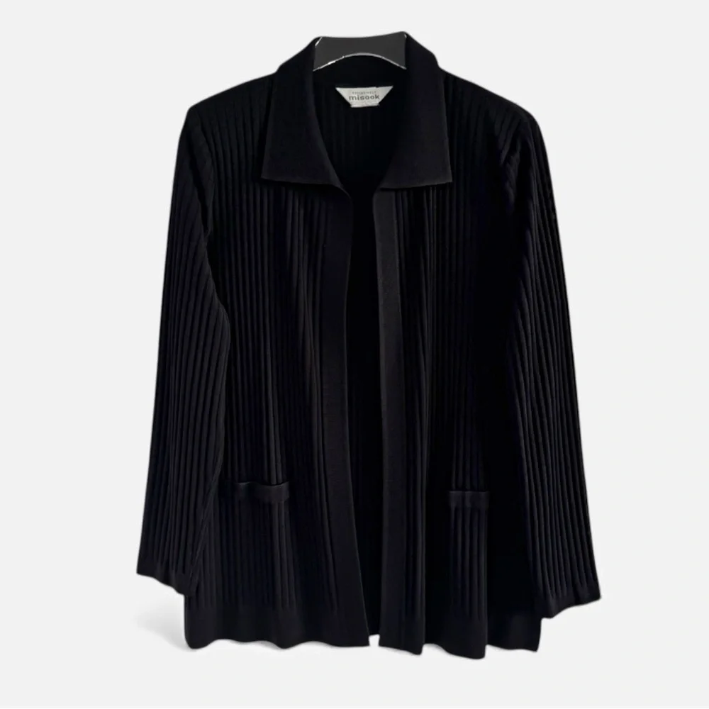 MISOOK BLACK WIDE RIBBED OPEN FRONT JACKET CARDIGAN TOPPER COAT SZ L